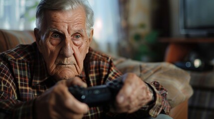 Focused senior citizen holding a game controller, engaging in digital entertainment at home. - 779431954
