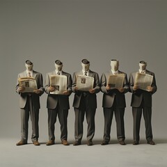 Group of headless mannequins dressed in suits holding newspapers - obrazy, fototapety, plakaty