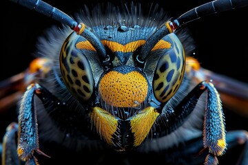 Macro photography capturing the intricate details of a wasps head on a black background. The electric blue eyes and sharp features of this arthropod are highlighted in this closeup shot