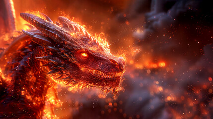 A fire dragon clad in flames. Mythical creature. Fictional world.