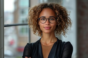 A stylish woman with glasses and a Jheri curl hairstyle is standing by a window, her blonde hair falling on her sleeve. Her smile accentuates her fashionable eyewear and wellgroomed eyebrows