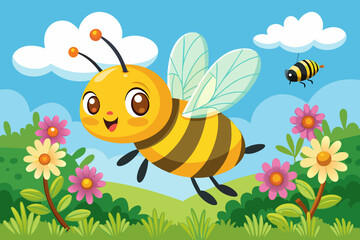 A cute bee is flying over a meadow