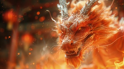 A fire dragon clad in flames. Mythical creature. Fictional world. Close-up photo of dragon.