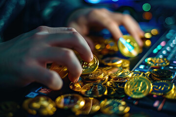 Hands Collecting a Pile of Bitcoins with Keyboard in the Background