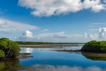 Panoramic view of a blue freshwater estuary with mangroves on its edge and cloud in the background  Generative AI