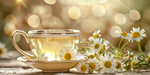 Obraz na płótnie Canvas A transparent cup of chamomile tea surrounded by fresh daisies, bathed in warm sunlight with a bokeh background.