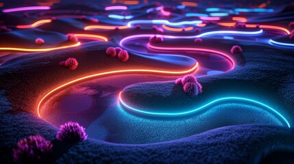 An exhilarating 3D render of glowing neon golf course on a black background - obrazy, fototapety, plakaty