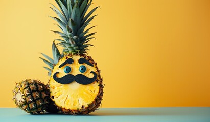 Anthropomorphic pineapple with fake mustache and pineapple
