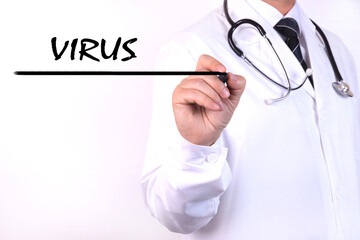 Doctor writing word VIRUS with marker, Medical concept
