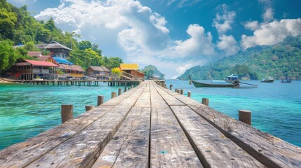 Wooden pier leading to a charming seaside village with a wooden platform background