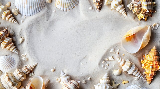 Group of sea shells on sandy beach