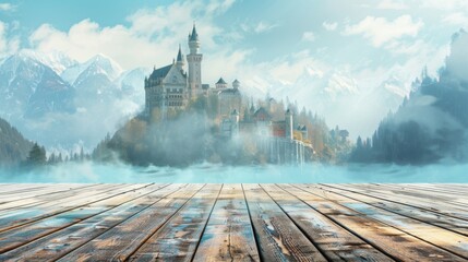 Wooden pier with a view of a majestic castle in the distance and a wooden platform background - obrazy, fototapety, plakaty