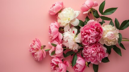 A beautiful arrangement of peonies and roses on a soft pink background with plenty of space for text   AI generated illustration