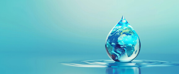A drop of water with the Earth inside, against a blue background, concept for World Water Day and environment protection
