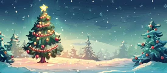 Fotobehang A Christmas tree adorned with a star sits in the center of a snowy forest, surrounded by evergreen trees. The sky is overcast with clouds, creating a serene natural landscape © AkuAku