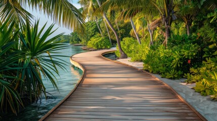 Fototapeta premium Wooden walkway winding through a tropical paradise with a wooden platform background