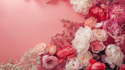 A captivating and romantic composition with peonies and roses on a pink backdrop   AI generated illustration