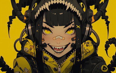Fototapeta na wymiar Crazy demon cyberpunk anime girl zombie digital painting. woman evil dark Halloween theme. generative ai 
