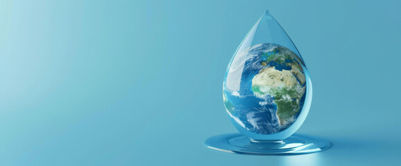A drop of water with the Earth inside, against a blue background, concept for World Water Day and environment protection