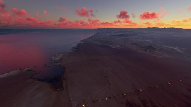 Top sunset aerial view of Ras Alsheikh Hamid in Neom Tabuk. Saudi Arabia