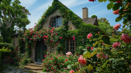 A charming cottage covered in ivy and surrounded by blooming roses   AI generated illustration