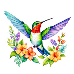 Fototapeta premium Hummingbird over colorful glowers garden watercolor illustration, nature, floral decorative, birds, cute, colorful, isolated