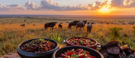 A South African safari lodge setting with a spread of biltong, bobotie in a traditional clay dish, and bunny chow filled with spicy curry. - obrazy, fototapety, plakaty