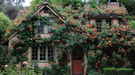Fototapeta na wymiar A charming cottage covered in ivy and surrounded by blooming roses AI generated illustration