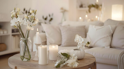 Modern boho interior of living room in cozy apartment. Simple cozy living room interior with white sofa, decorative pillows, on the table a vase with flowers, candles, living room, light colors