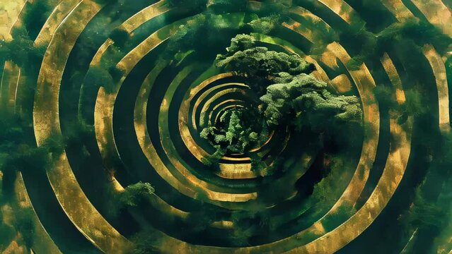 Vibrant green and golden concentric circles represent the eternal cycle of life. A solitary tree at the center, the source of all life, surrounded by rings symbolizing growth and regeneration. 