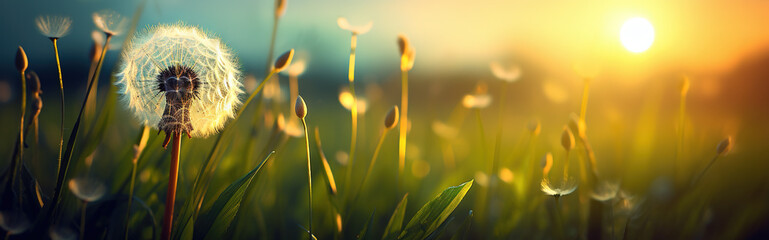 Dandelion Meadow Sunset Header - obrazy, fototapety, plakaty