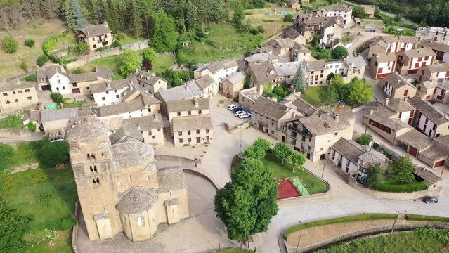 Aerial view of landscape of spanish village of Santa Cruz de la Seros on sunny day. Spain. High quality 4k footage