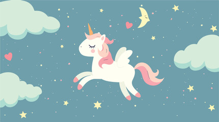 Obraz na płótnie Canvas Magic cute white unicorn flying in the sky with stars