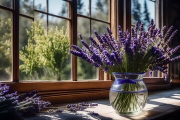 a photo taken in a cottage of a lavender vase sitting on a sunlit windowsill