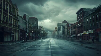 Gloomy Abandoned City Street Under Ominous Cloudy Skies