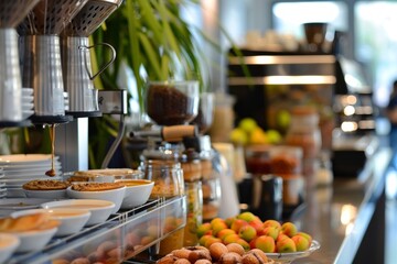 A buffet with a variety of food and drinks for breakfast