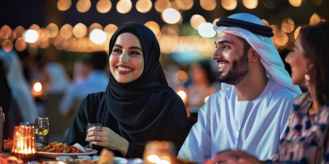 Emirati family enjoying their evening dinner at an outdoor restaurant with fireworks with city lights in the background