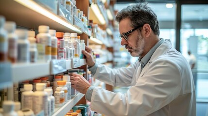 Pharmacist man is verifying medication stock on a shelving in a pharmacy - obrazy, fototapety, plakaty