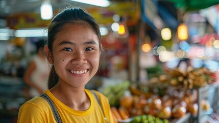 Headshot of smiling Filipino girl on a street food market