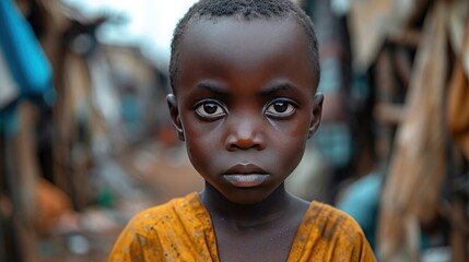 dirty boy standing in poor african village