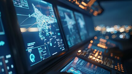 An Aeronautical Control Room With A Lots Of Computer Screens And Monitors.