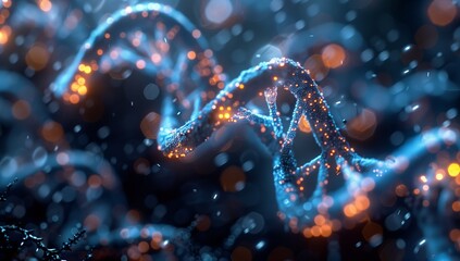 a computer generated image of a dna strand surrounded by glowing particles . High quality - Powered by Adobe