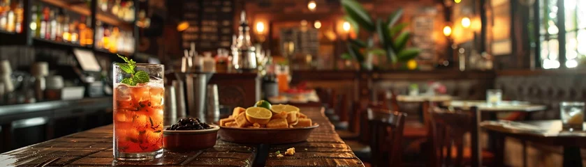 Fotobehang A rustic Cuban bar setting, with close-up shots of ropa vieja, black beans and rice, and tostones served on wooden tables, complemented by mojitos and the dim, warm lighting of a Havana night. © HADAPI