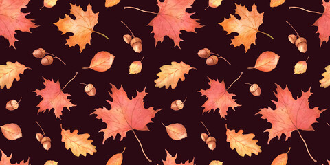 Watercolor seamless pattern with autumn falling leaves on dark background. Autumnal orange maple leaves