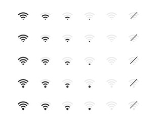 Wi-Fi network connection level vector icon set. Wireless internet communication signs for mobile device interface. Web router cyberspace illustration isolated. No signal status.