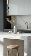 A Modern Kitchen With A Wooden Stool In Vertical Mobile Wallpaper Background.
