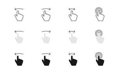 Swipe vector icon set. Left, right and click hand gesture illustration. Drag and move arrow sign. Touch, slide, scroll and tap pointer symbol. Advertising action swipe button for web or app interface