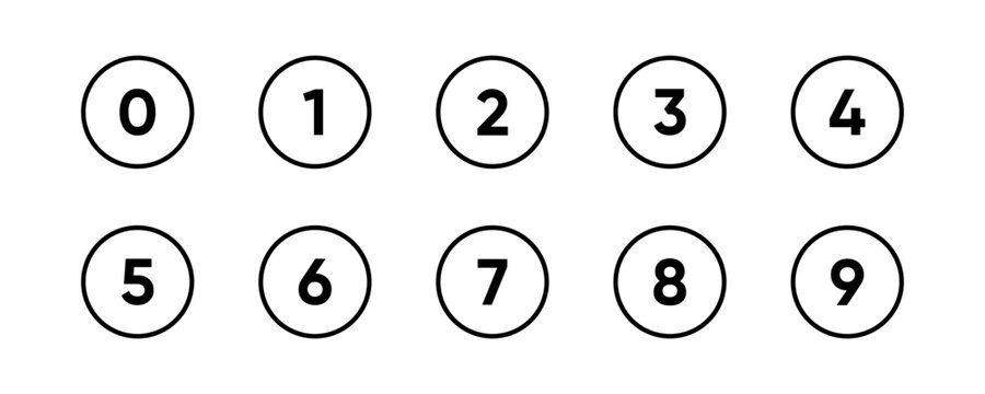 Round number buttons symbols icon set. Digit circle black signs. Phone interface illustration isolated. Simple 1, 2, 3, 4, 5, 6, 7, 8, 9, 0 count design for web or mobile app.