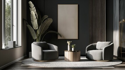 Modern Living Room With A Blank Banner On Wall.