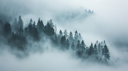 Trees shrouded in mist in a mountain landscape  AI generated illustration